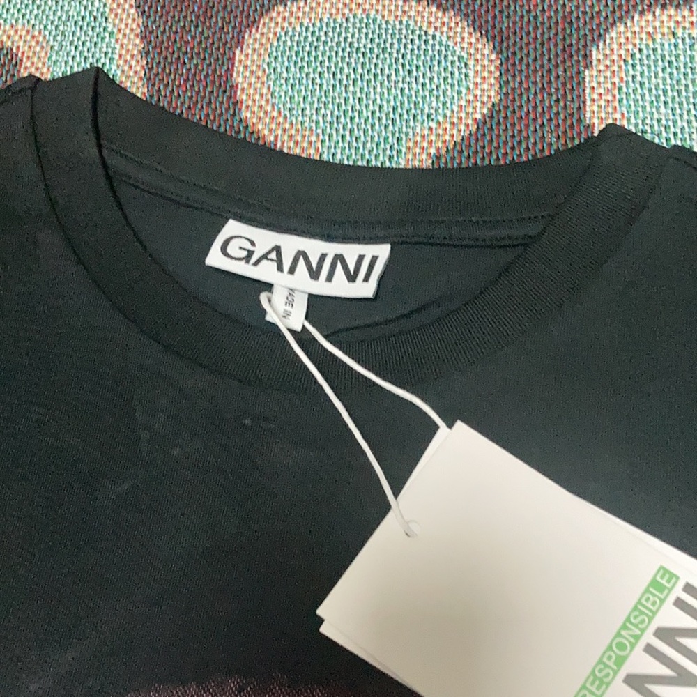 Ganni Black Blue Kitten Drippy Logo T-shirt | NWT Designer casual Essential Larg - Picture 3 of 6